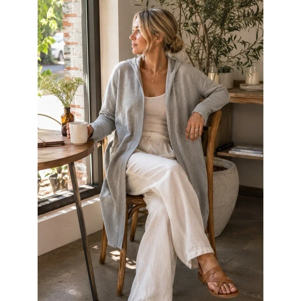 Athleta Hooded Merino Wool Blend Cardigan Longline Open Front Gray Small - Picture 1 of 8